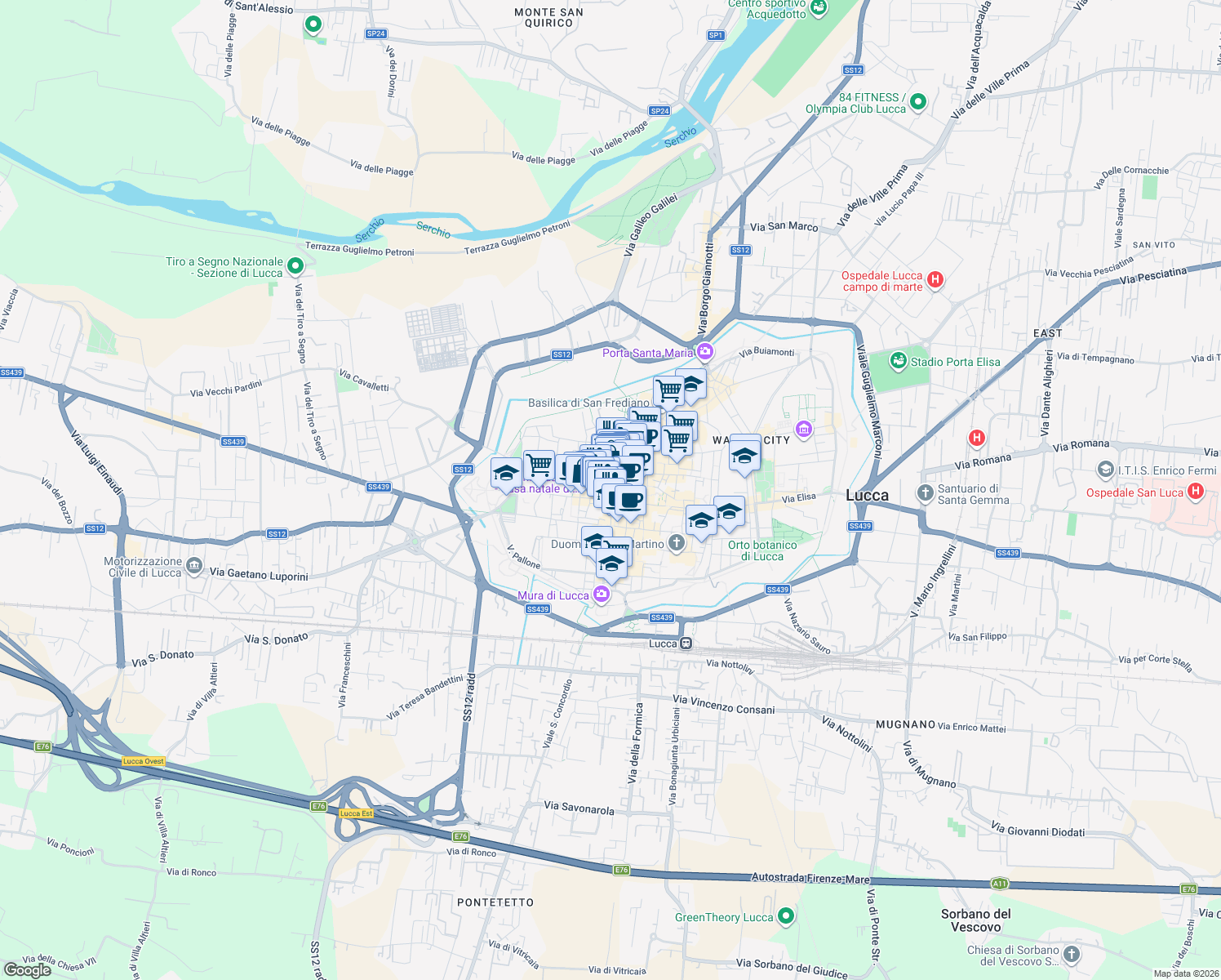 map of restaurants, bars, coffee shops, grocery stores, and more near 32 Via Poggio in Lucca