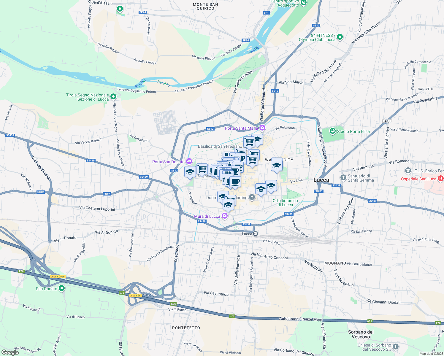 map of restaurants, bars, coffee shops, grocery stores, and more near 32 Via Poggio in Lucca