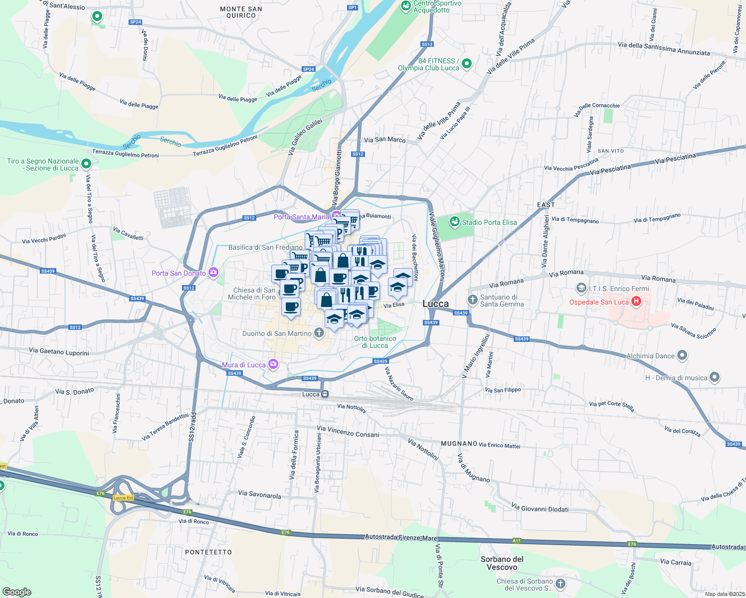 map of restaurants, bars, coffee shops, grocery stores, and more near 9 Via Elisa in Lucca