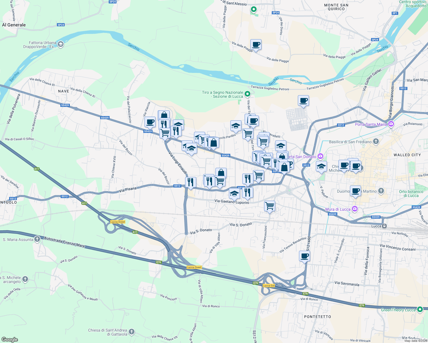 map of restaurants, bars, coffee shops, grocery stores, and more near Via Giovanni Amendola in Lucca
