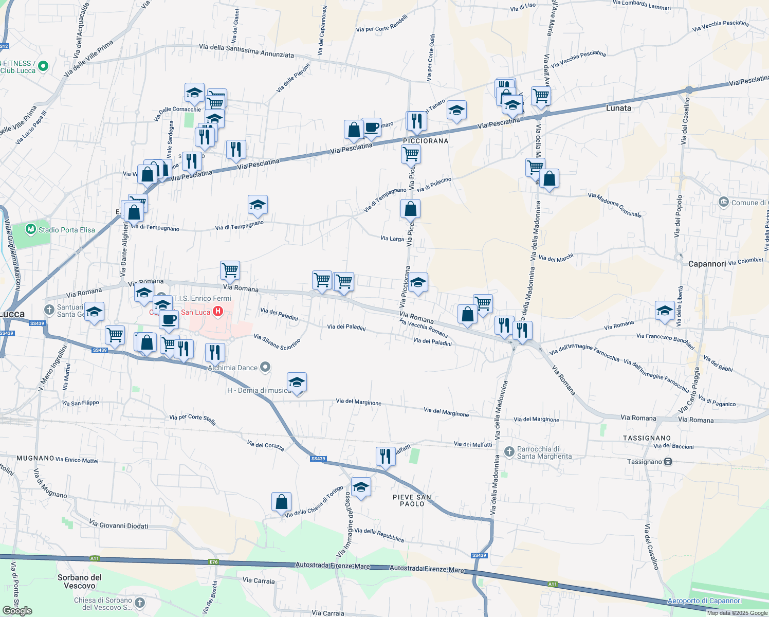 map of restaurants, bars, coffee shops, grocery stores, and more near Strada Provinciale Romana in Lucca