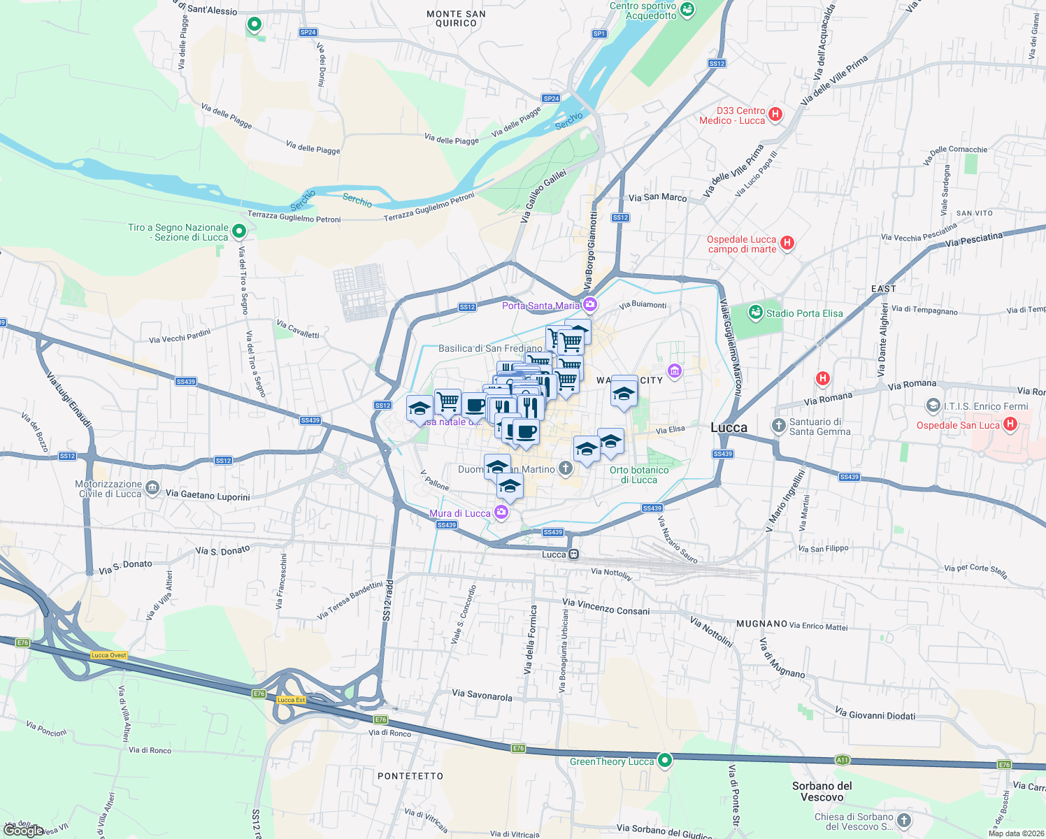 map of restaurants, bars, coffee shops, grocery stores, and more near in Lucca