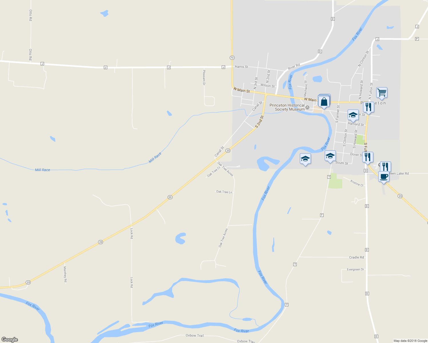 map of restaurants, bars, coffee shops, grocery stores, and more near Oak Tree Court in Princeton