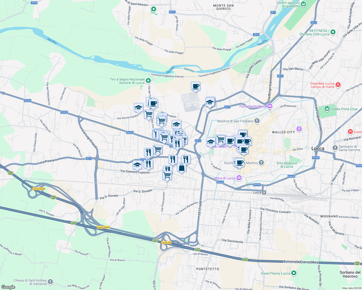 map of restaurants, bars, coffee shops, grocery stores, and more near 36 Via Sant'Anna in Lucca