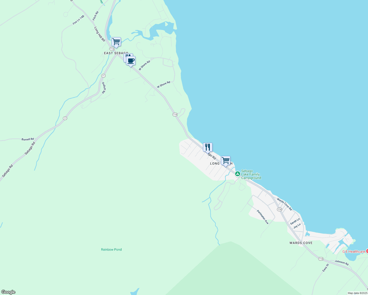 map of restaurants, bars, coffee shops, grocery stores, and more near Harvard Street in Sebago