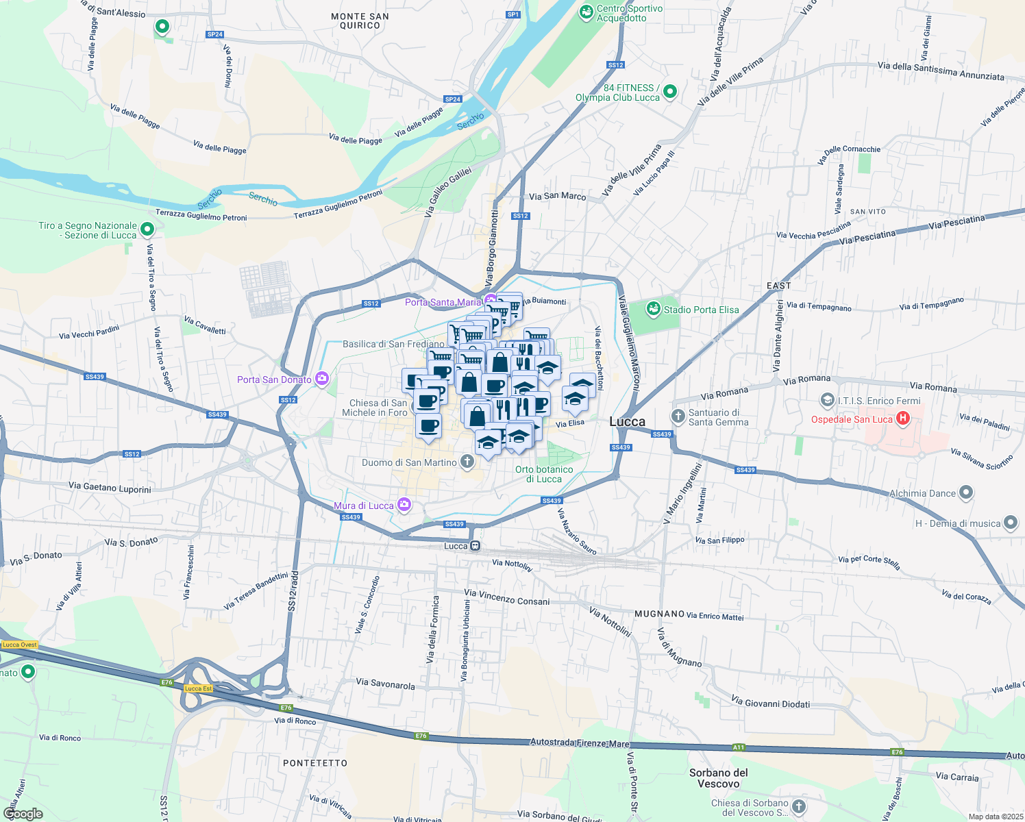 map of restaurants, bars, coffee shops, grocery stores, and more near 40 Via S. Nicolao in Lucca