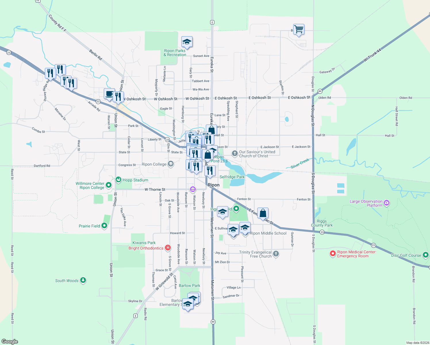 map of restaurants, bars, coffee shops, grocery stores, and more near 322 Houston Street in Ripon