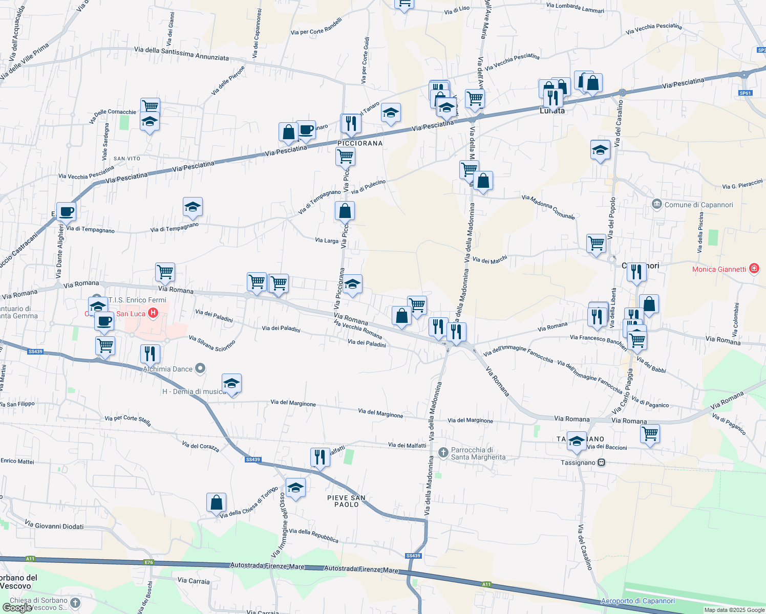 map of restaurants, bars, coffee shops, grocery stores, and more near 291/D Via Fonda in Lucca