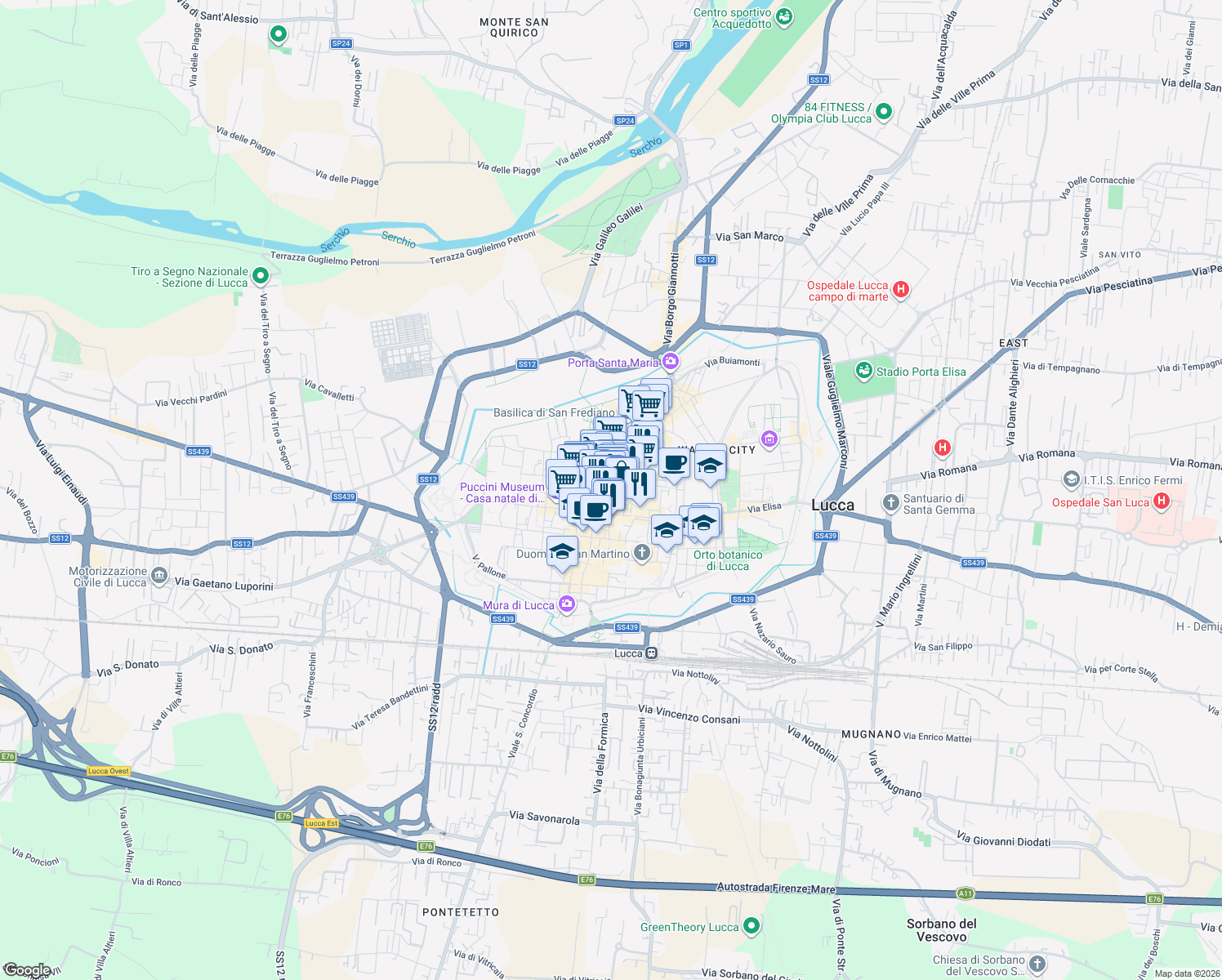 map of restaurants, bars, coffee shops, grocery stores, and more near 23 Via Santa Croce in Lucca