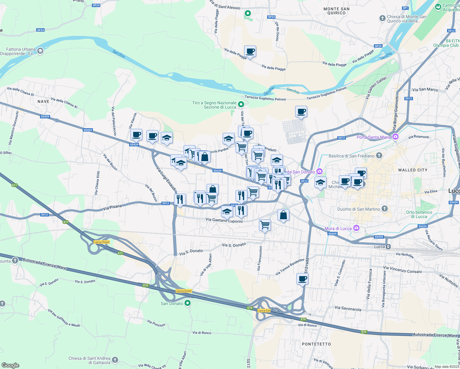 map of restaurants, bars, coffee shops, grocery stores, and more near 124 Via Francesco Ferraris in Lucca