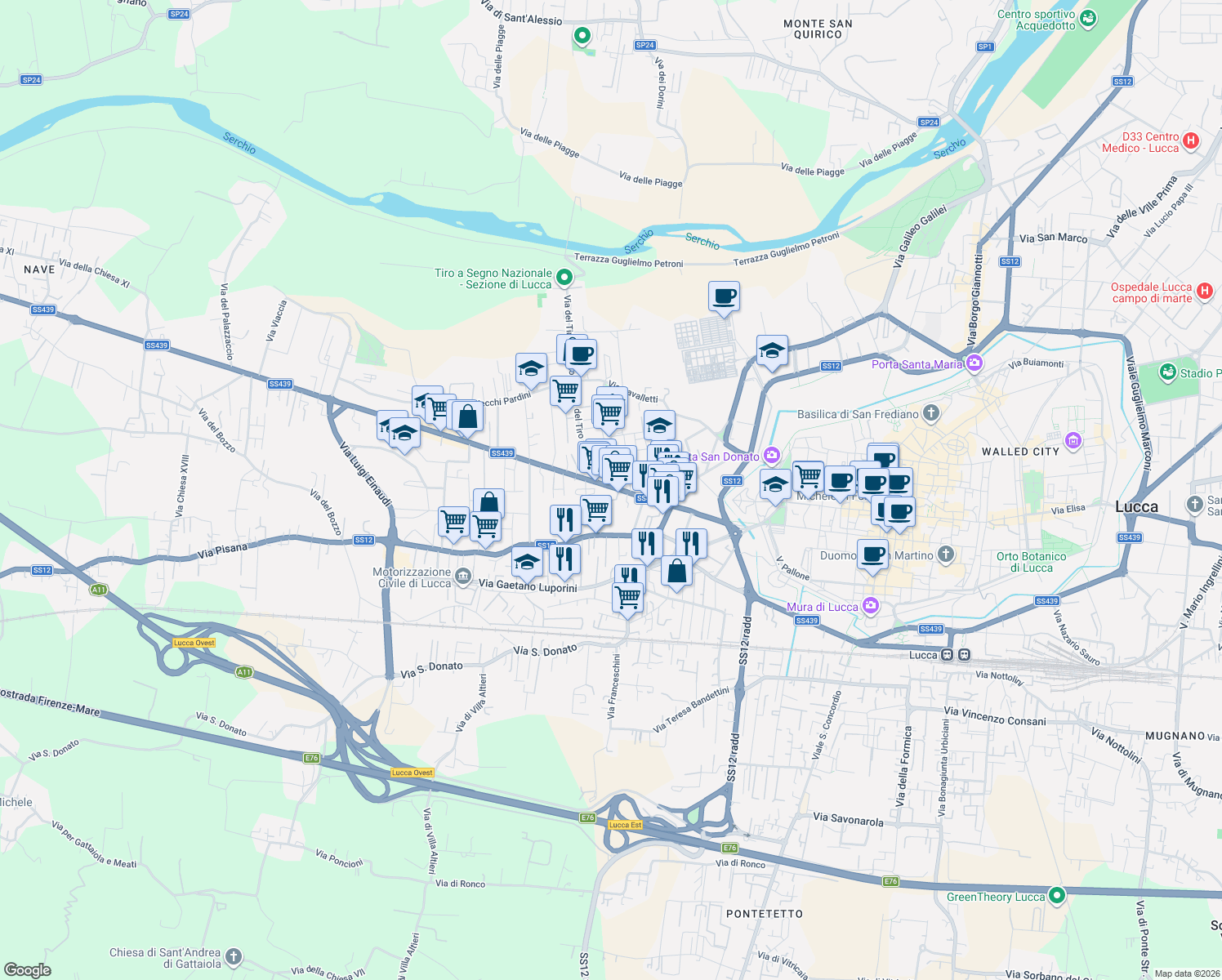 map of restaurants, bars, coffee shops, grocery stores, and more near 19 Viale G. Puccini in Lucca