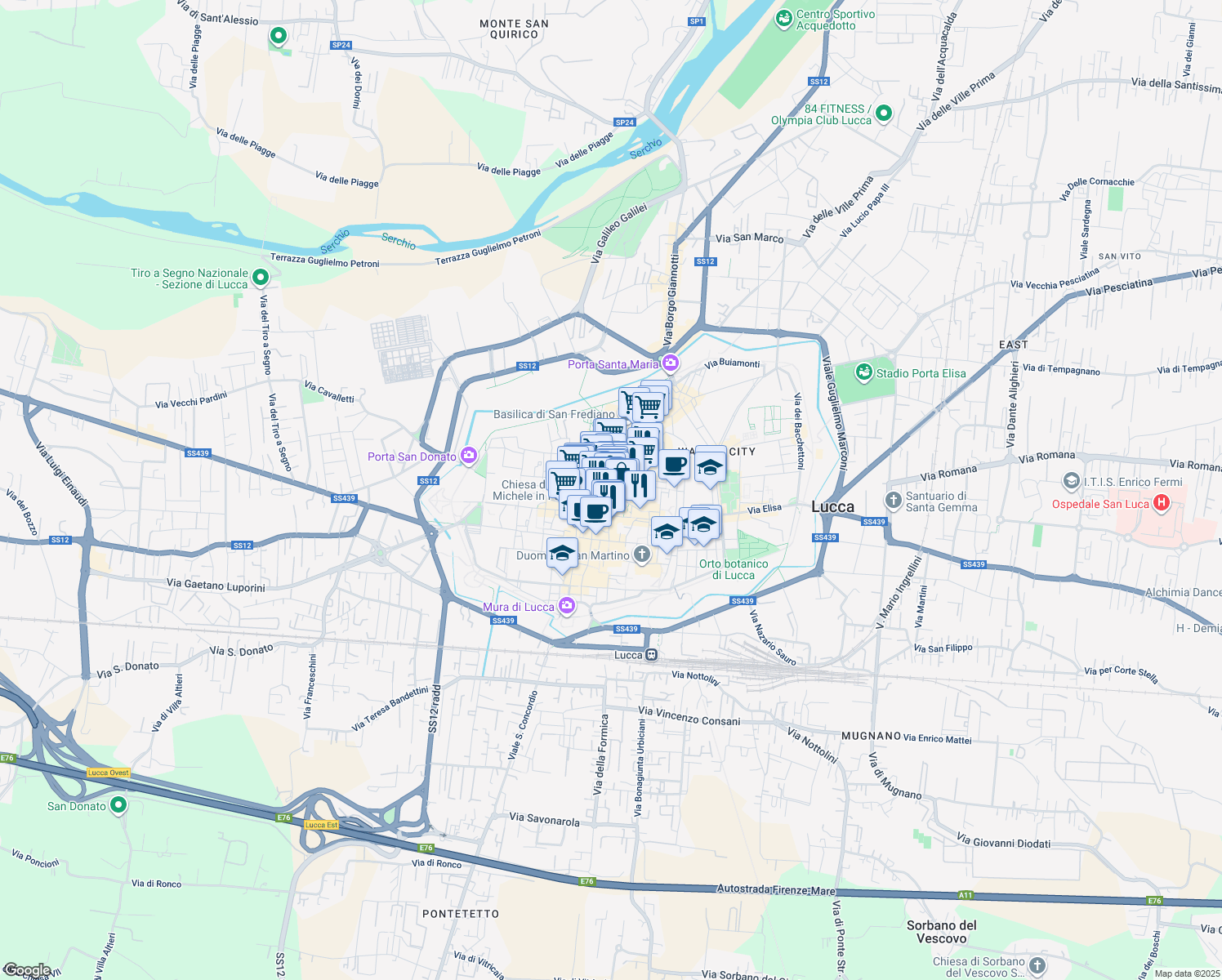 map of restaurants, bars, coffee shops, grocery stores, and more near 23 Via Santa Croce in Lucca