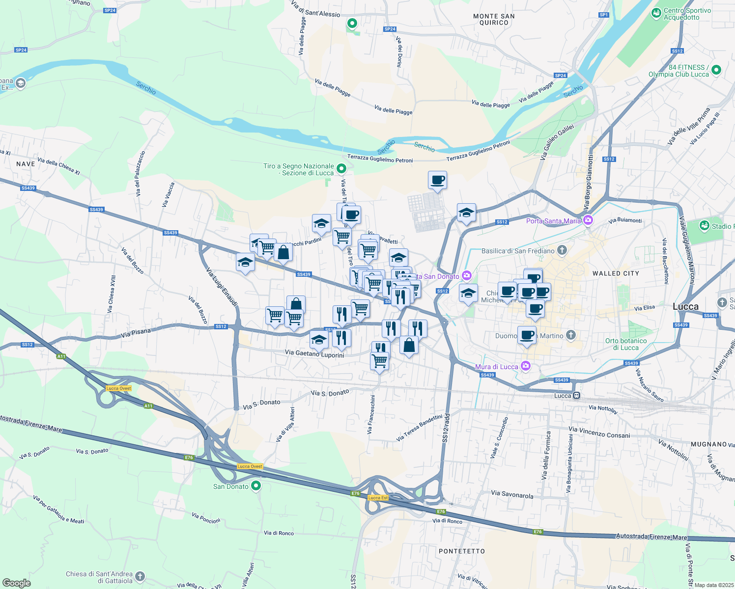 map of restaurants, bars, coffee shops, grocery stores, and more near 218 Viale Giacomo Puccini in Lucca