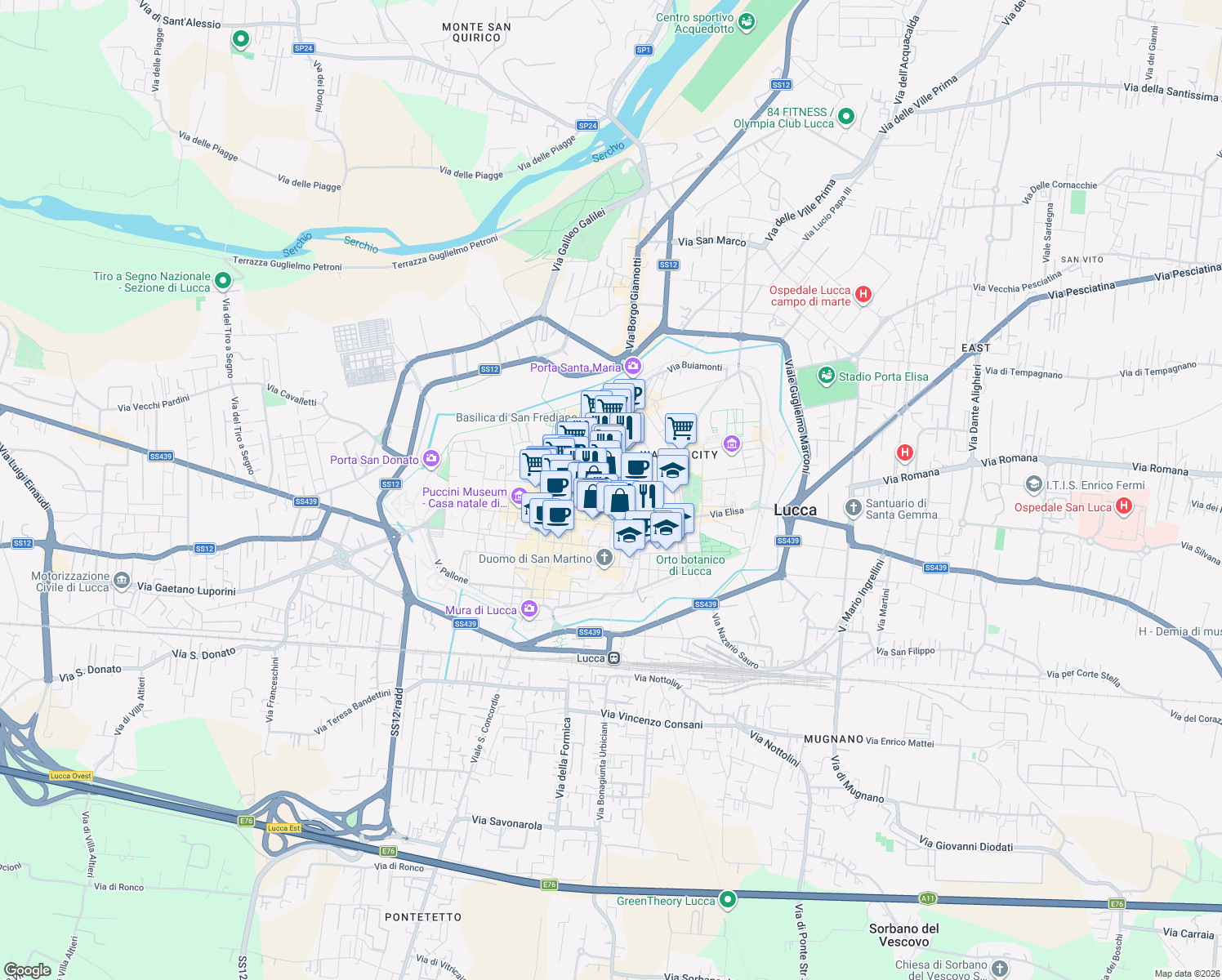 map of restaurants, bars, coffee shops, grocery stores, and more near 27 Via Sant'Andrea in Lucca