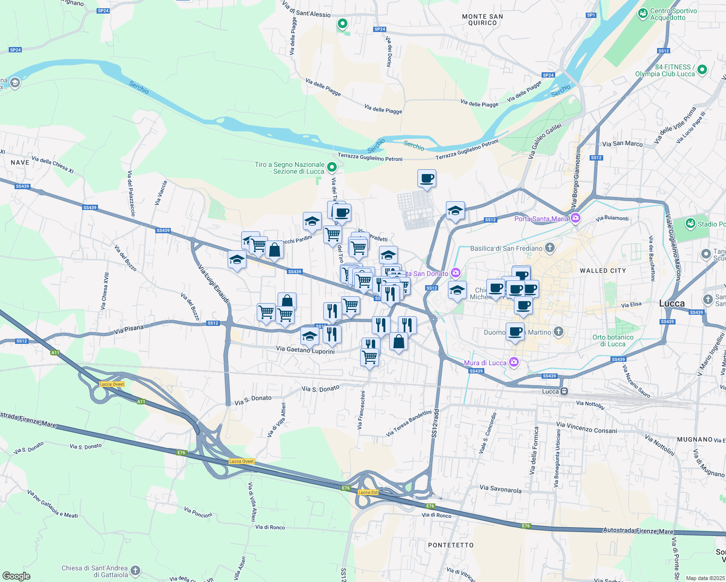 map of restaurants, bars, coffee shops, grocery stores, and more near 218 Viale Giacomo Puccini in Lucca