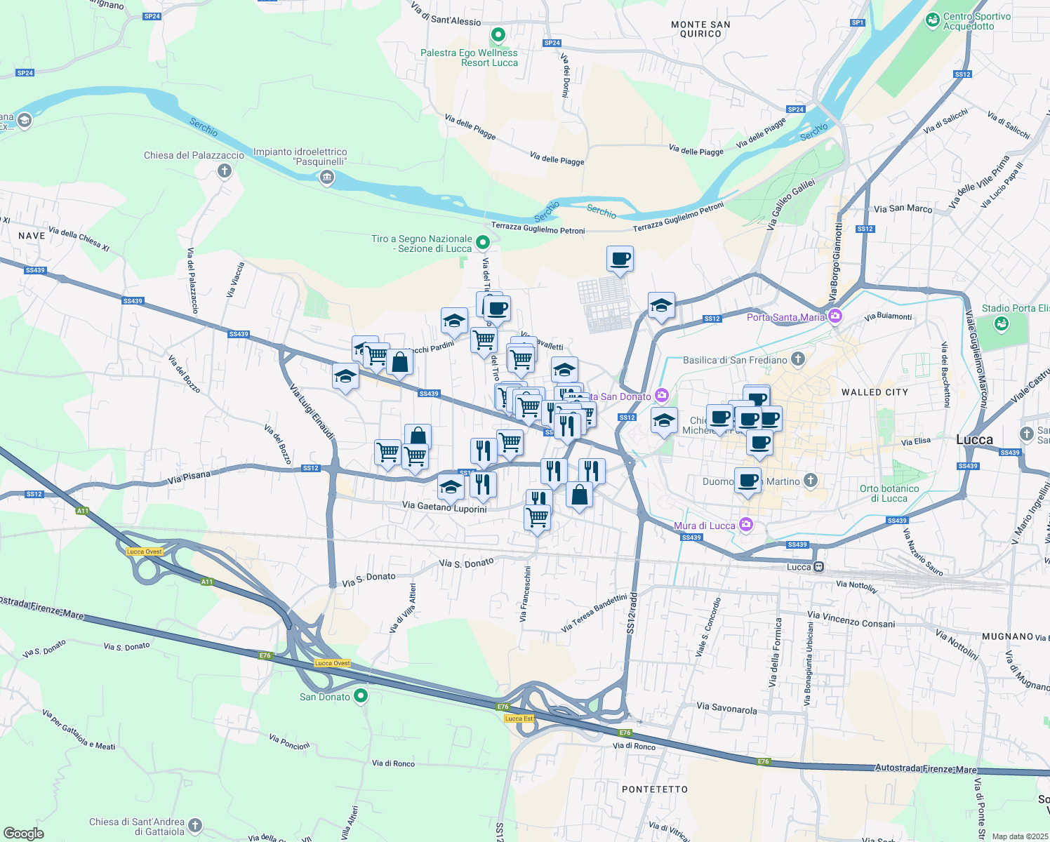 map of restaurants, bars, coffee shops, grocery stores, and more near 218 Viale Giacomo Puccini in Lucca