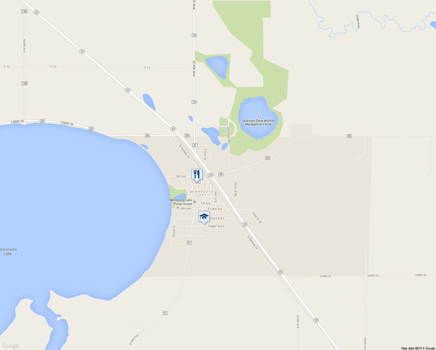 map of restaurants, bars, coffee shops, grocery stores, and more near 411 Water Street in Minnesota Lake