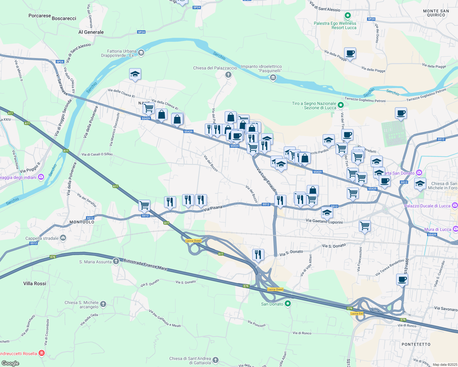 map of restaurants, bars, coffee shops, grocery stores, and more near 449 Via del Bozzo in Lucca