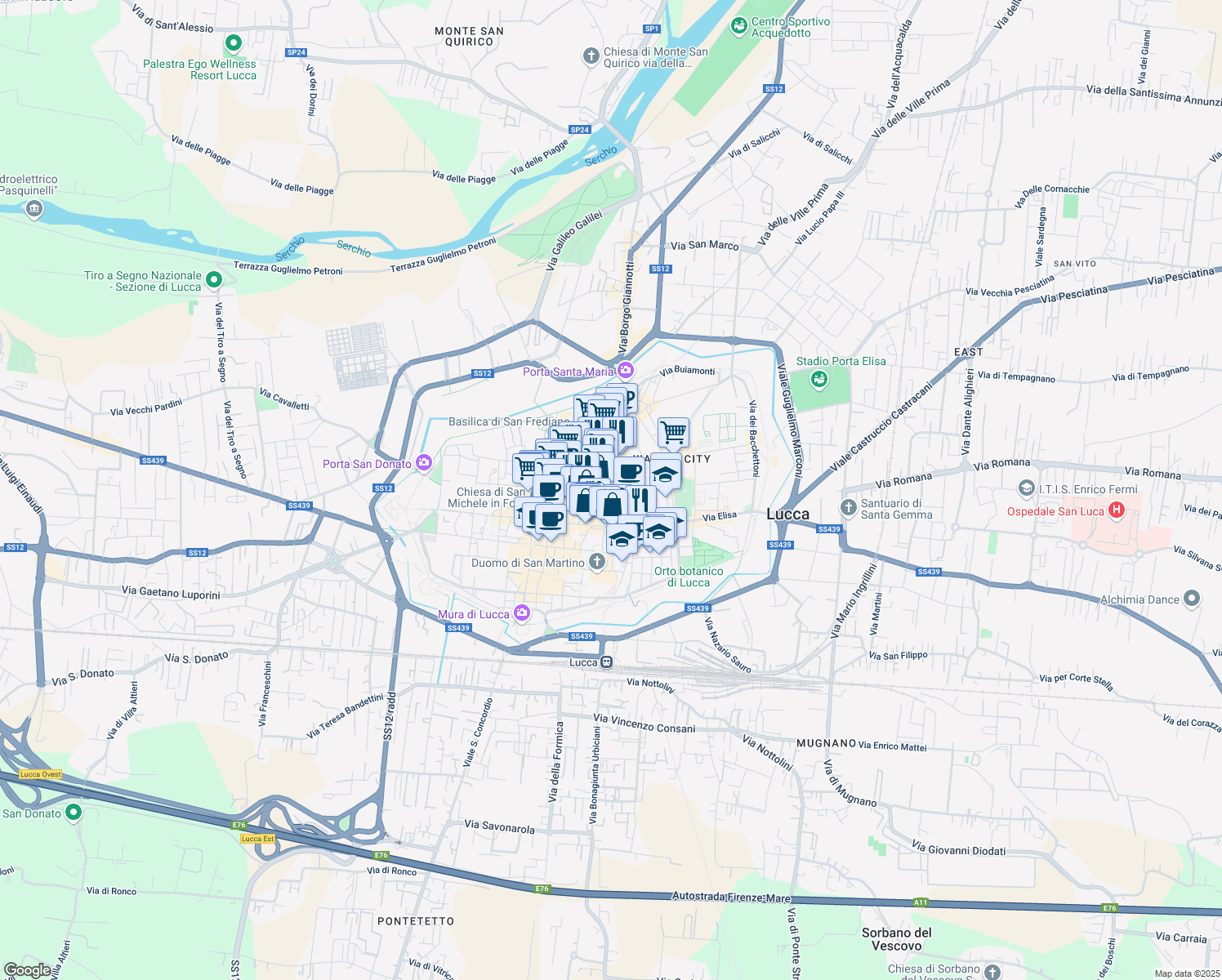 map of restaurants, bars, coffee shops, grocery stores, and more near 5 Piazza San Gregorio in Lucca
