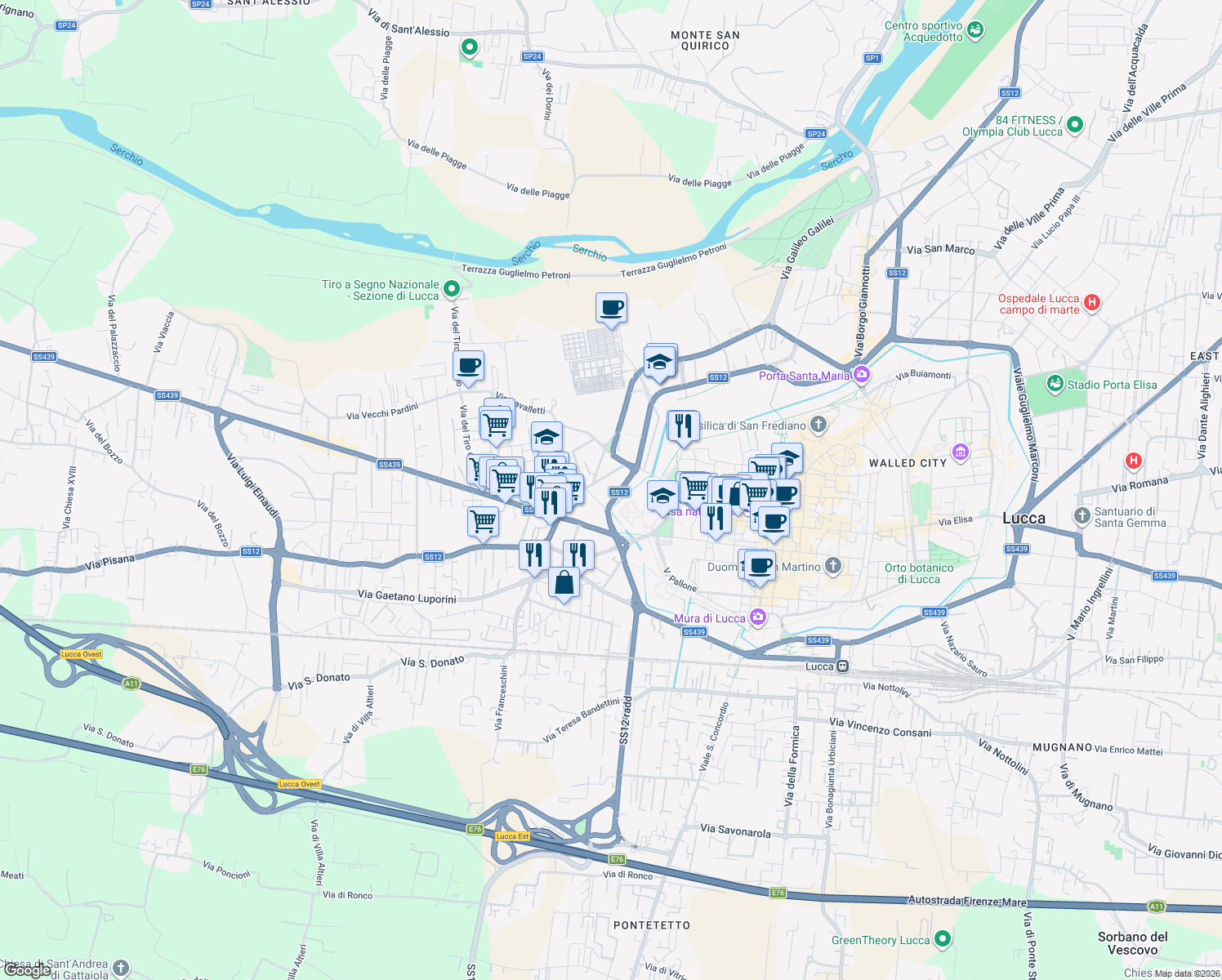 map of restaurants, bars, coffee shops, grocery stores, and more near in Lucca