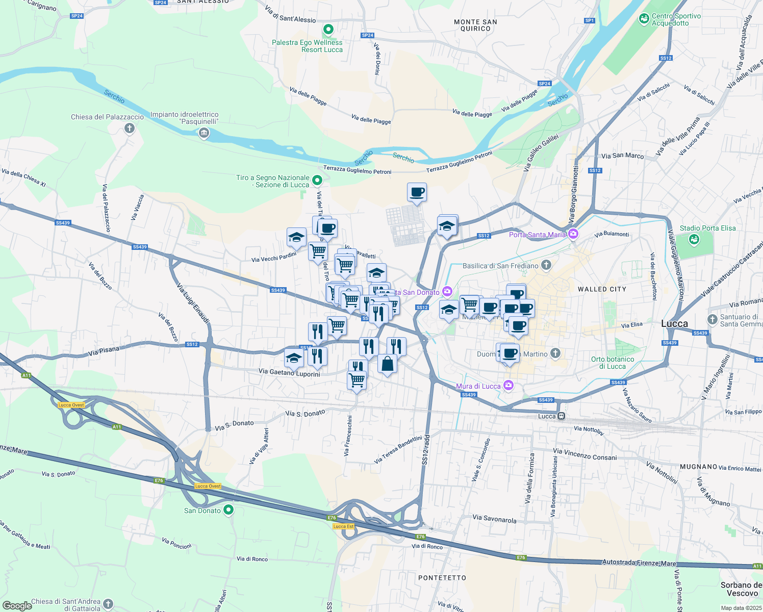 map of restaurants, bars, coffee shops, grocery stores, and more near 28 Via delle Rose in Lucca