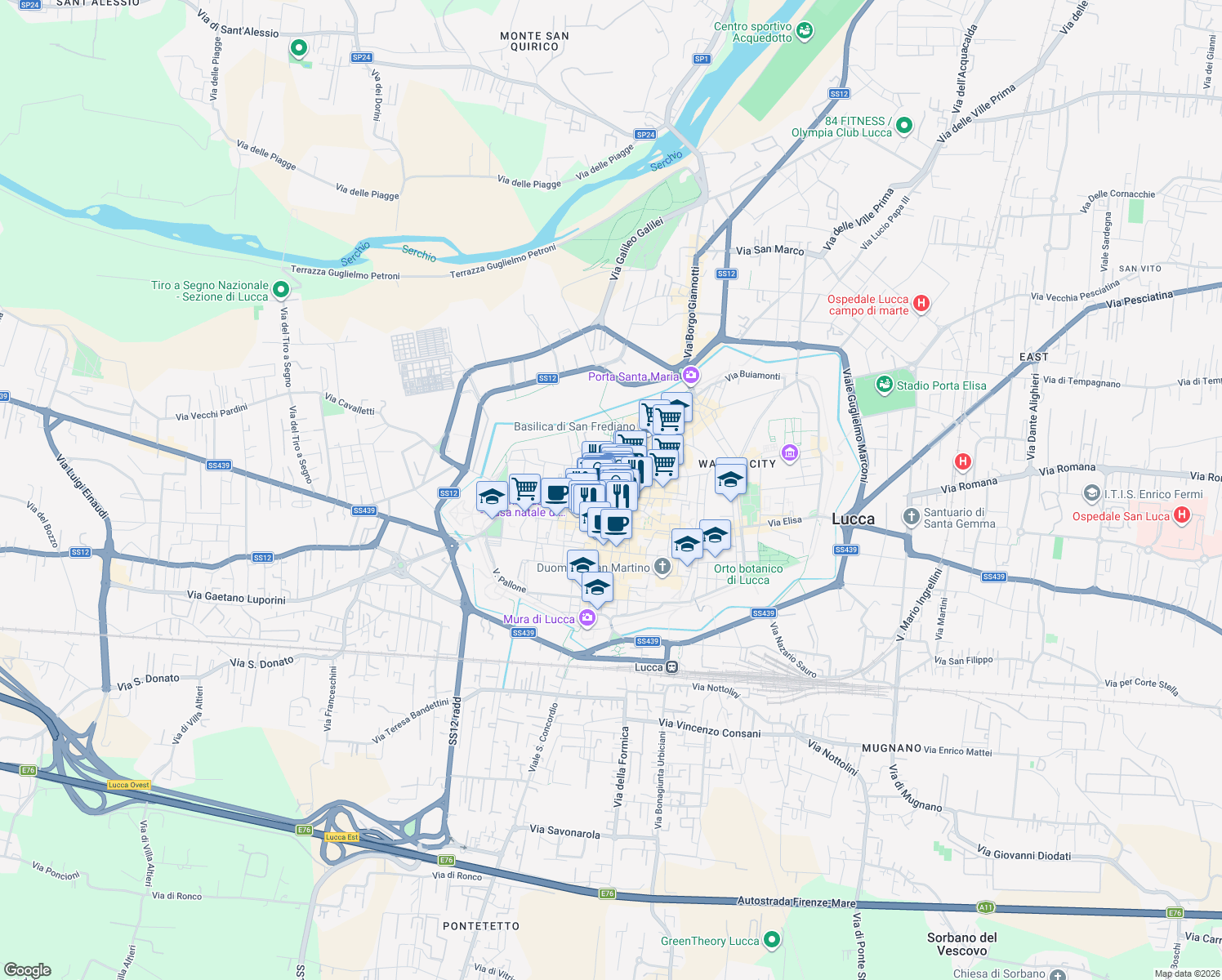 map of restaurants, bars, coffee shops, grocery stores, and more near in Lucca