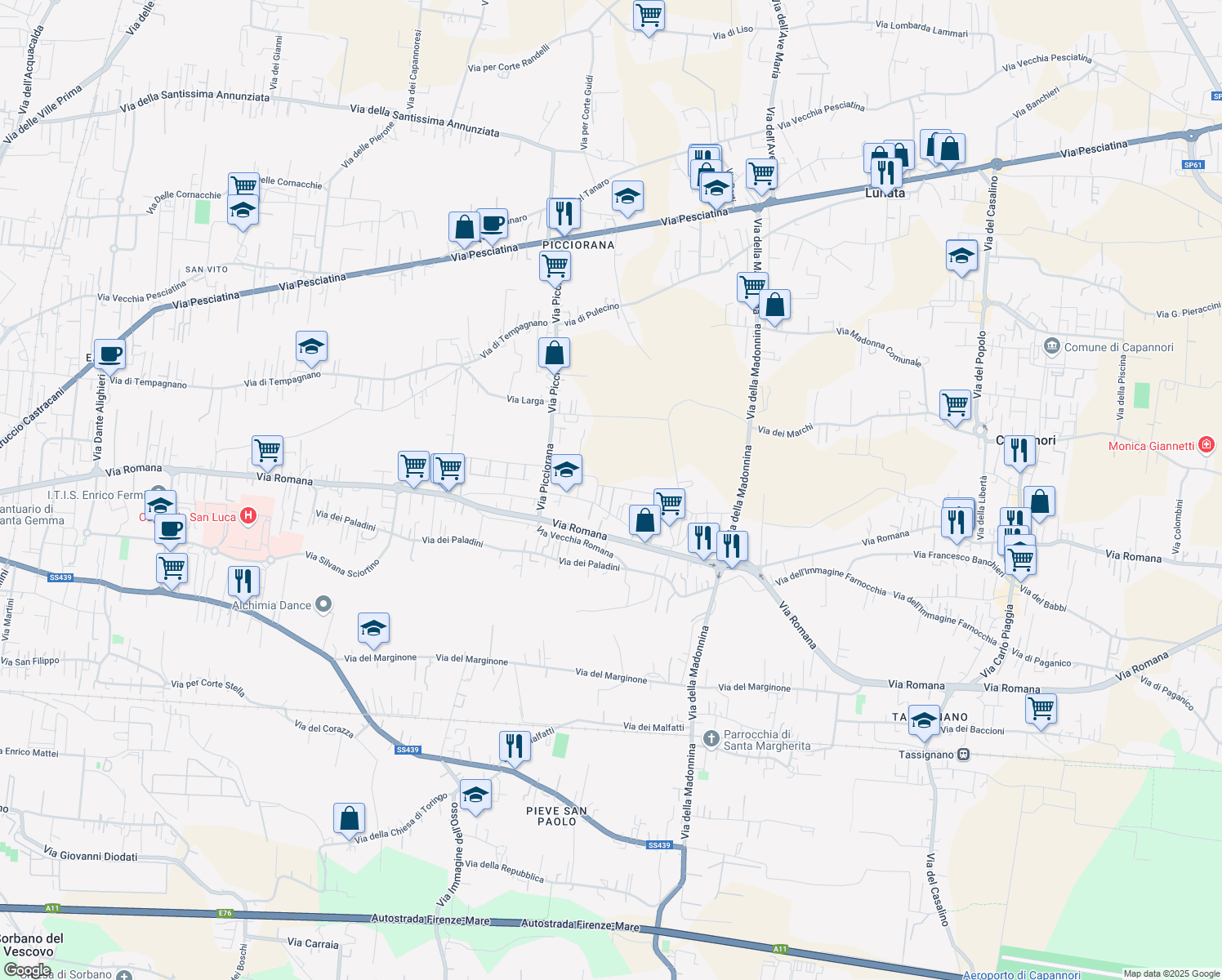 map of restaurants, bars, coffee shops, grocery stores, and more near 291/D Via Fonda in Lucca