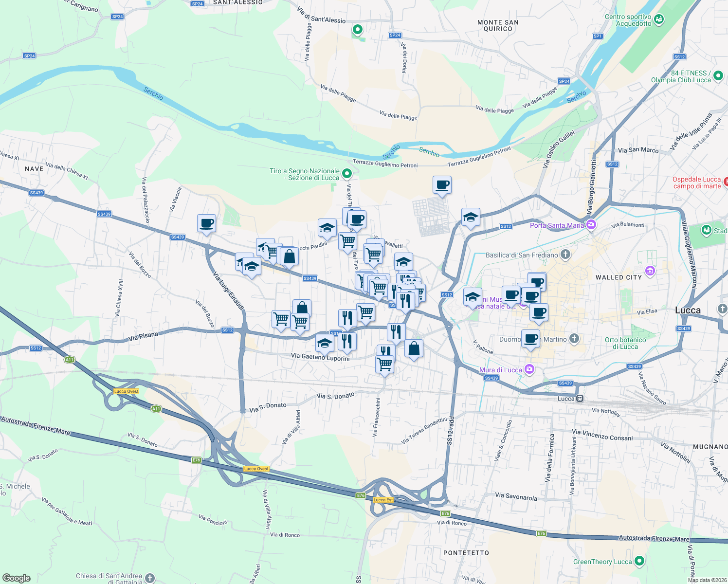 map of restaurants, bars, coffee shops, grocery stores, and more near 371 Viale Giacomo Puccini in Lucca