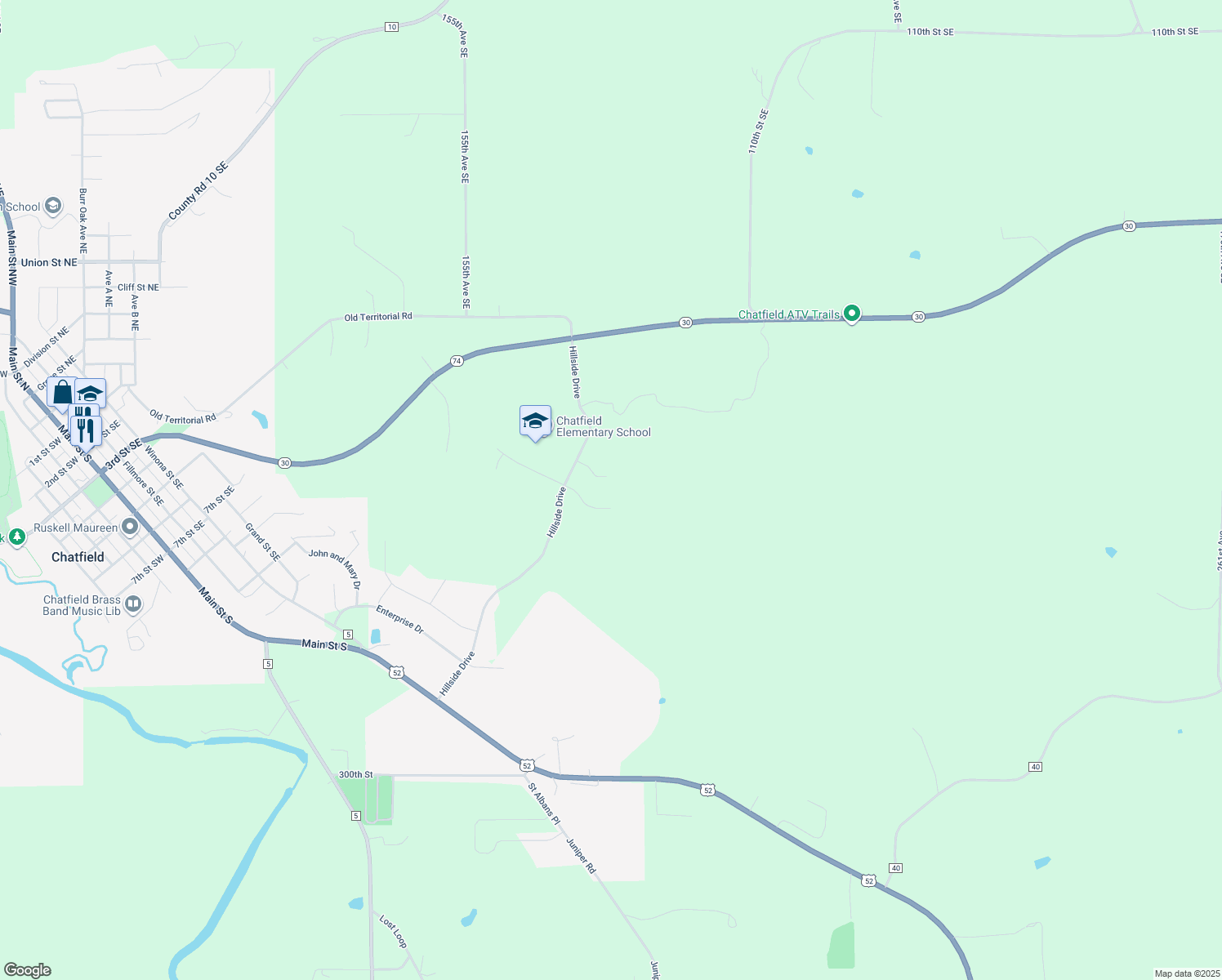 map of restaurants, bars, coffee shops, grocery stores, and more near 17182 Hilltop Lane in Chatfield