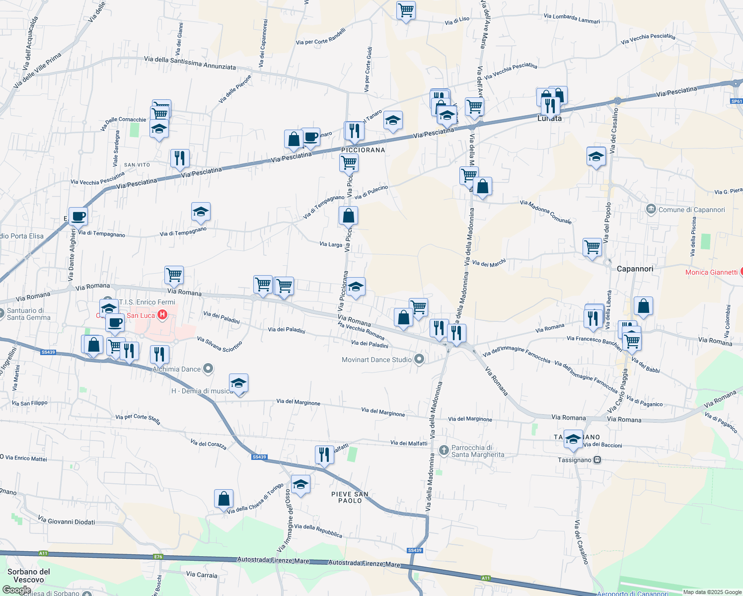 map of restaurants, bars, coffee shops, grocery stores, and more near 171a Via Fonda in Lucca