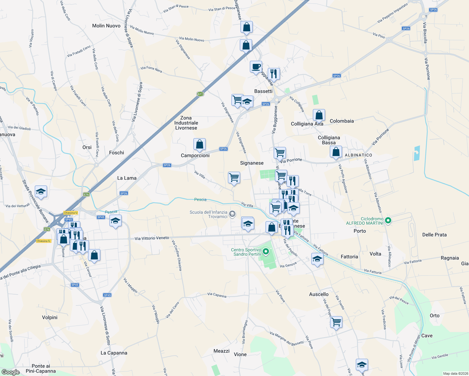 map of restaurants, bars, coffee shops, grocery stores, and more near 6 Via Villa in Pistoia