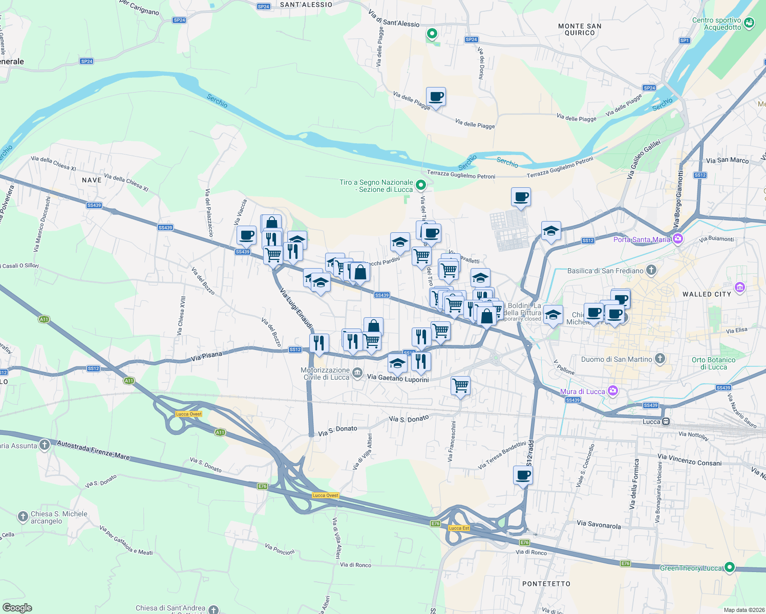 map of restaurants, bars, coffee shops, grocery stores, and more near 777 Viale G. Puccini in Lucca