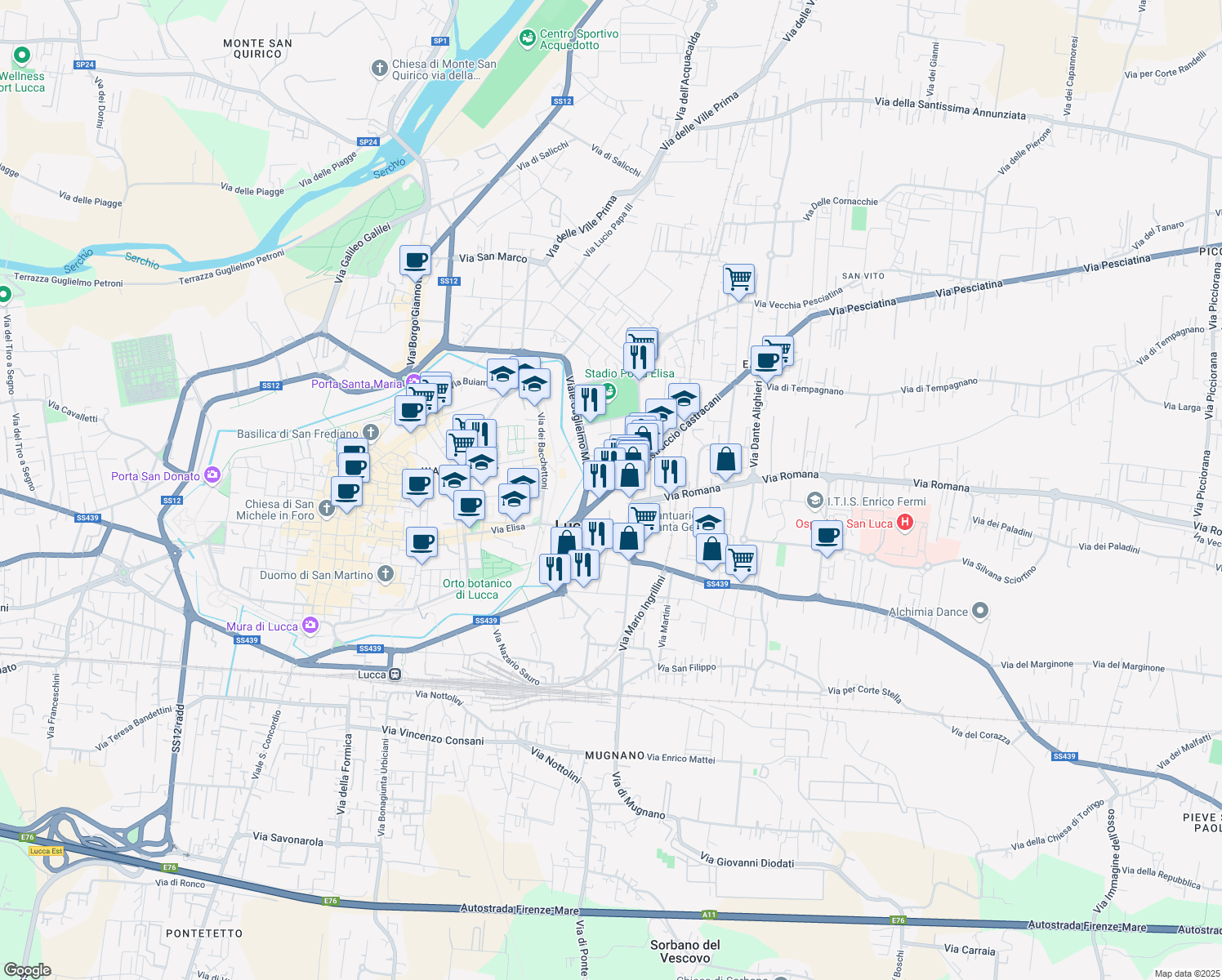 map of restaurants, bars, coffee shops, grocery stores, and more near 29 Via di Tiglio in Lucca