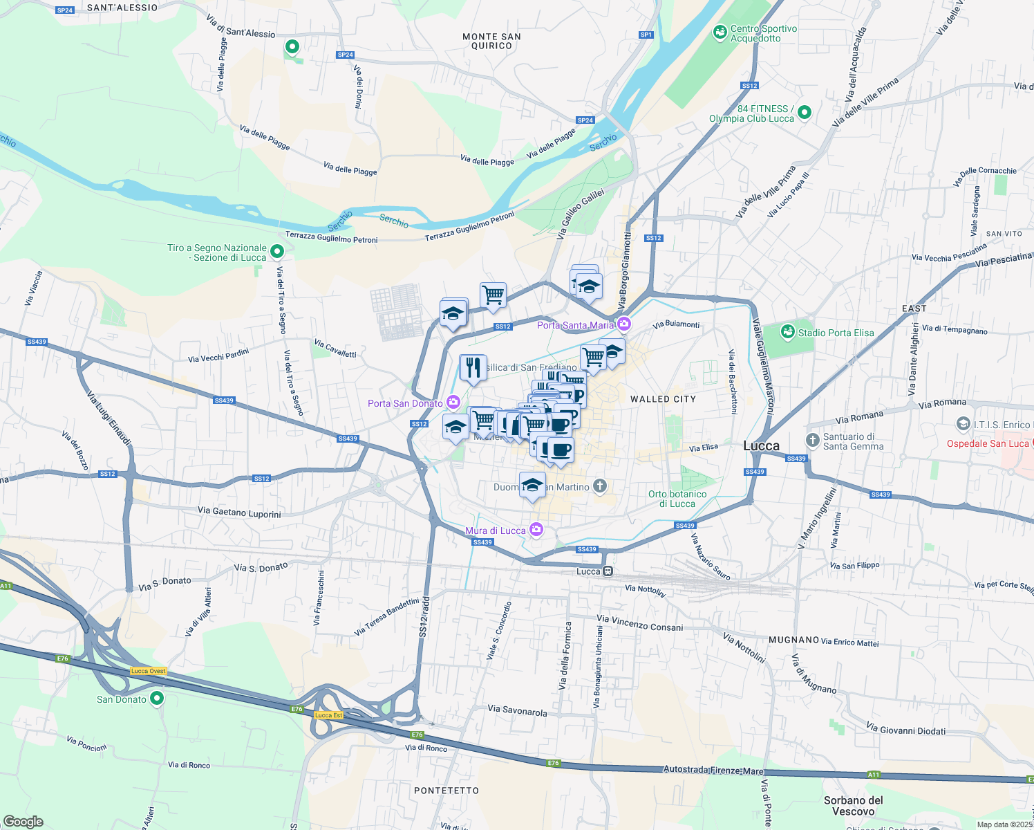 map of restaurants, bars, coffee shops, grocery stores, and more near 61 Via San Giorgio in Lucca