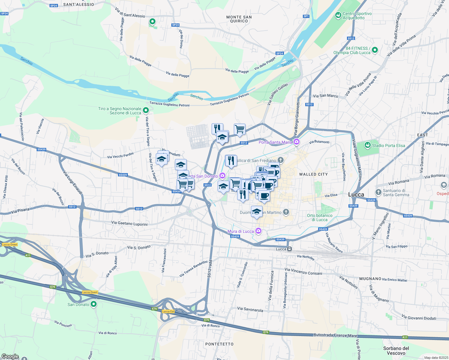 map of restaurants, bars, coffee shops, grocery stores, and more near 49 Via delle Conce in Lucca