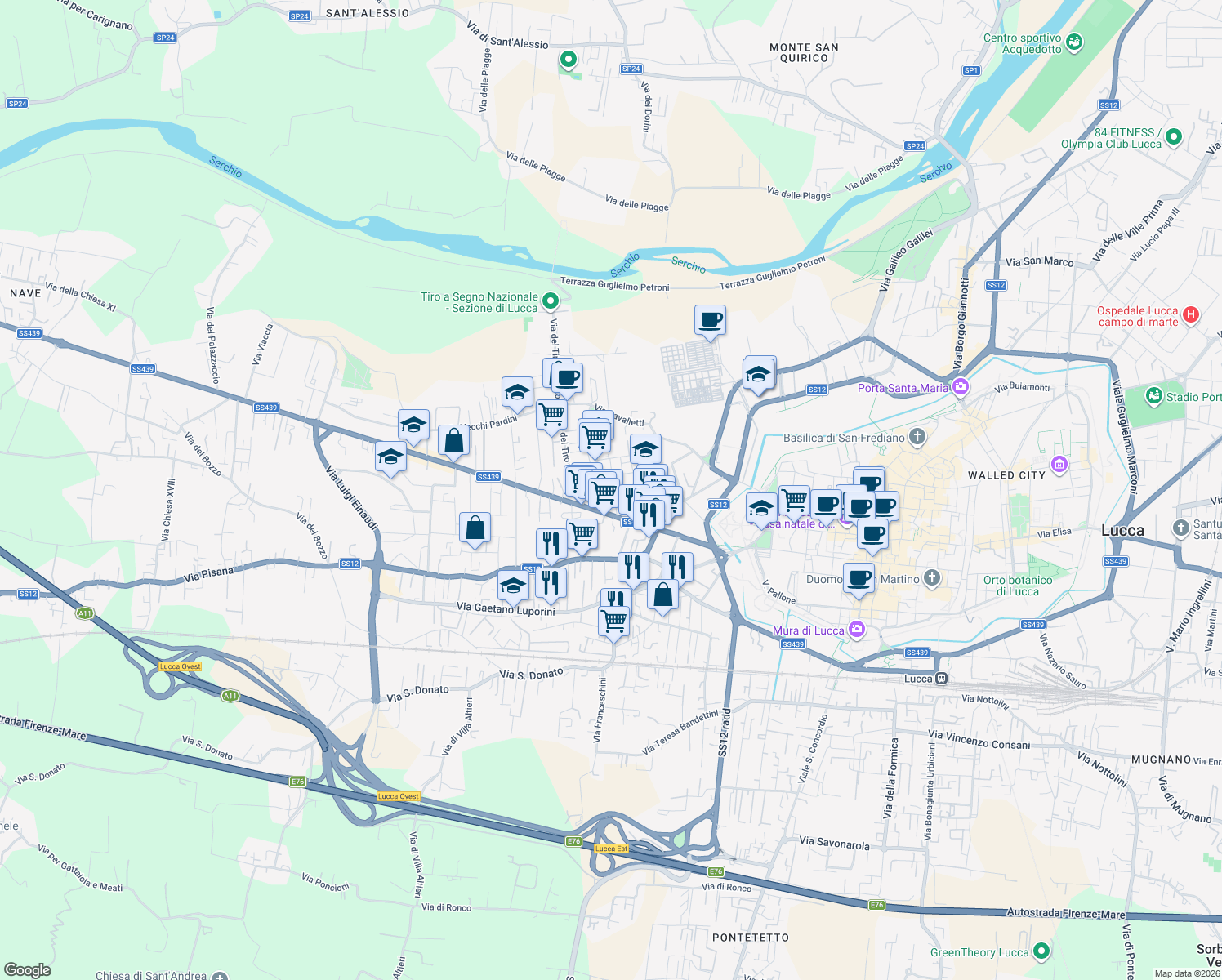 map of restaurants, bars, coffee shops, grocery stores, and more near 41 Via Mimose in Lucca
