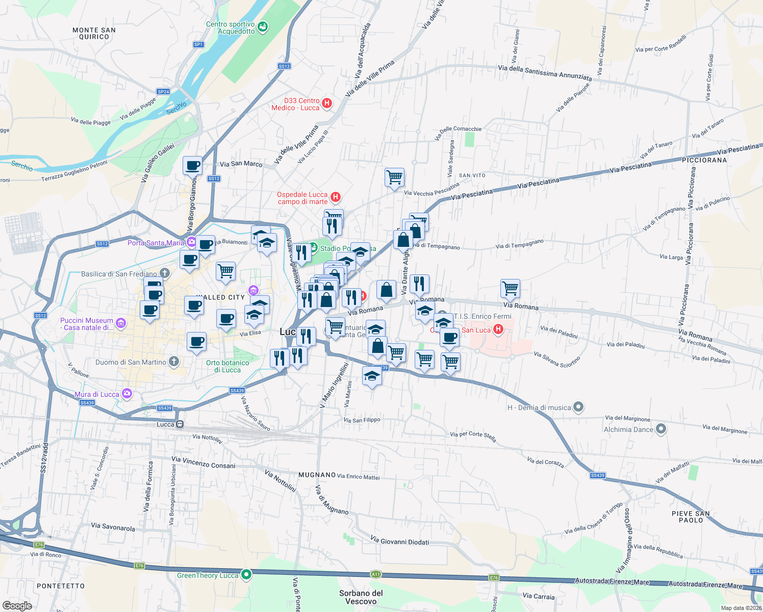map of restaurants, bars, coffee shops, grocery stores, and more near 359 Via Romana in Lucca
