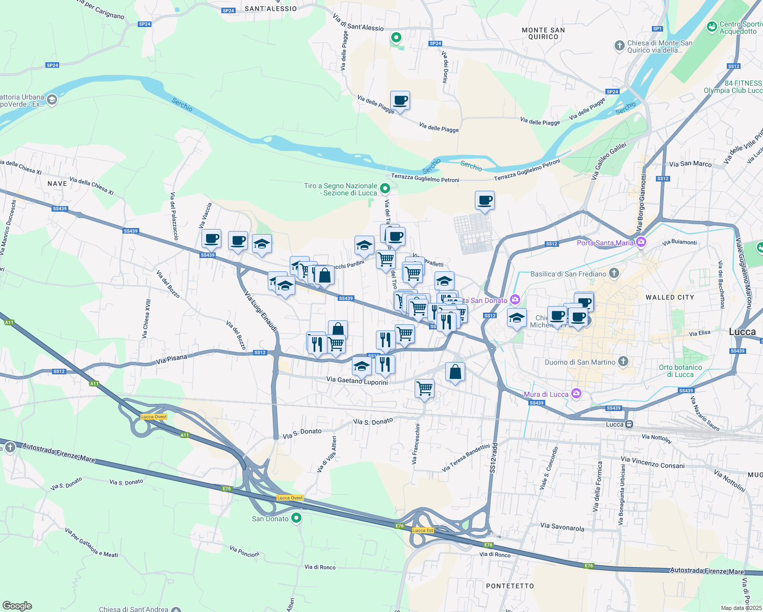 map of restaurants, bars, coffee shops, grocery stores, and more near 61 Via Nicolò Paganini in Lucca