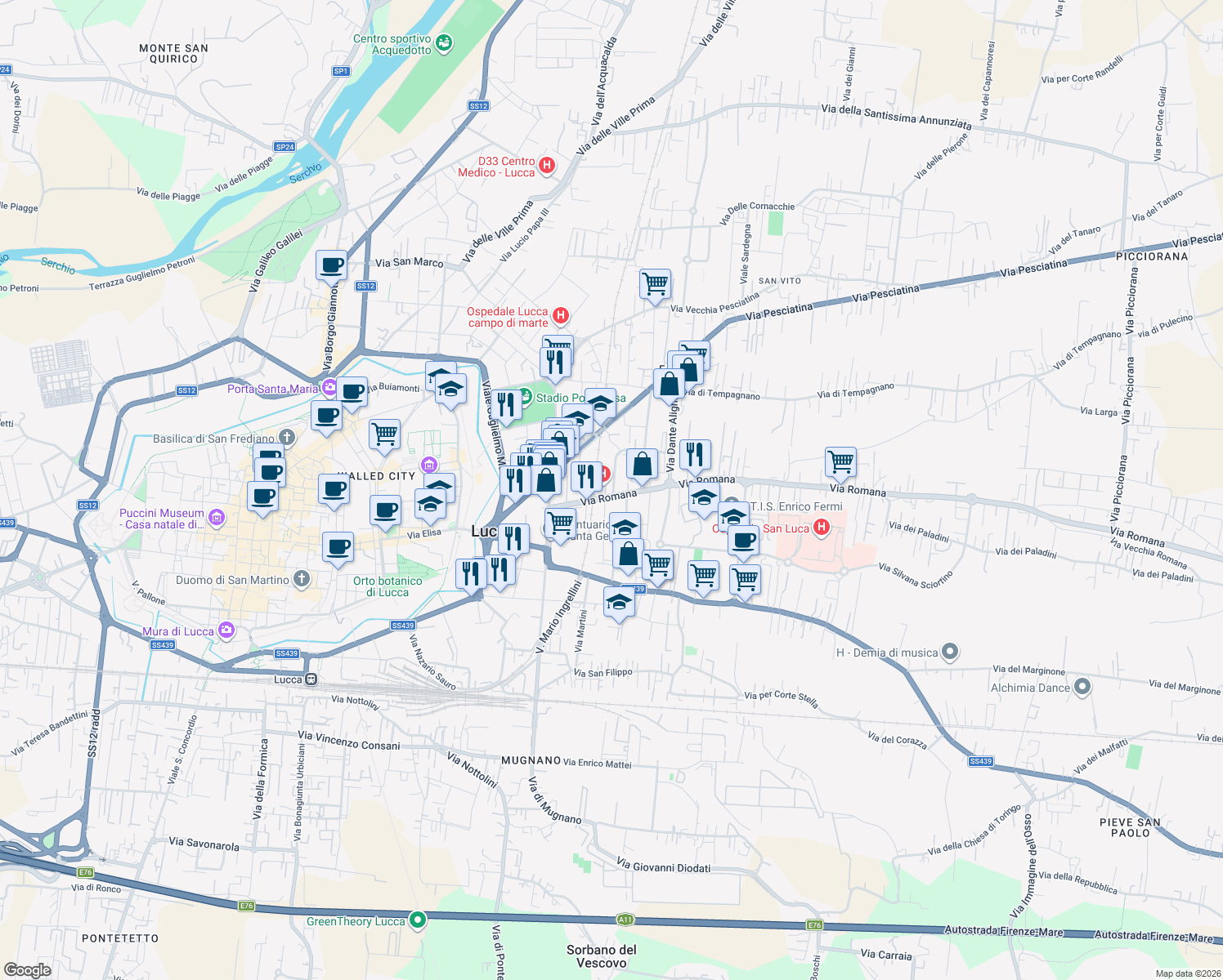map of restaurants, bars, coffee shops, grocery stores, and more near 359 Via Romana in Lucca