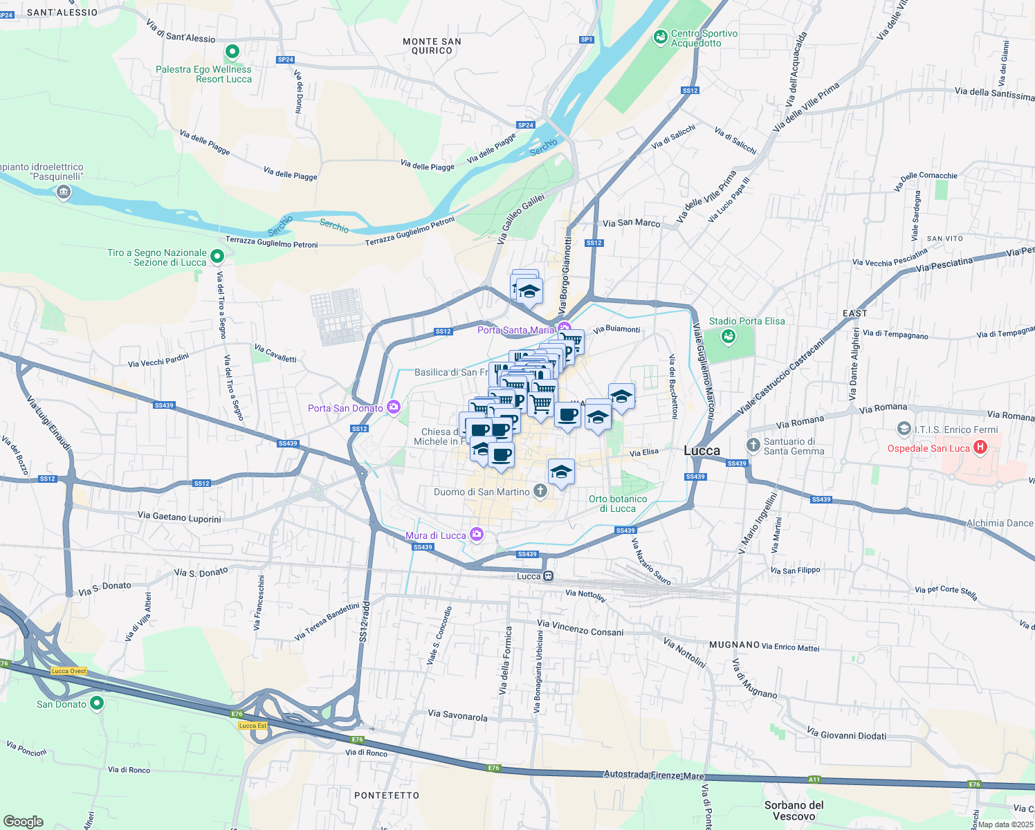 map of restaurants, bars, coffee shops, grocery stores, and more near 2 Corte Compagni in Lucca