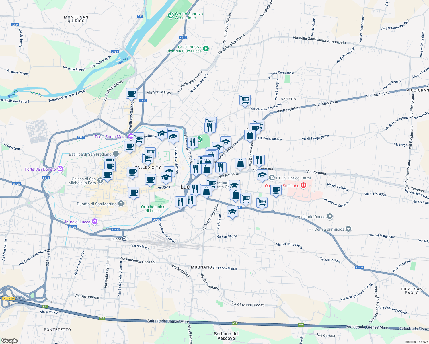 map of restaurants, bars, coffee shops, grocery stores, and more near 361 Viale Castracani in Lucca