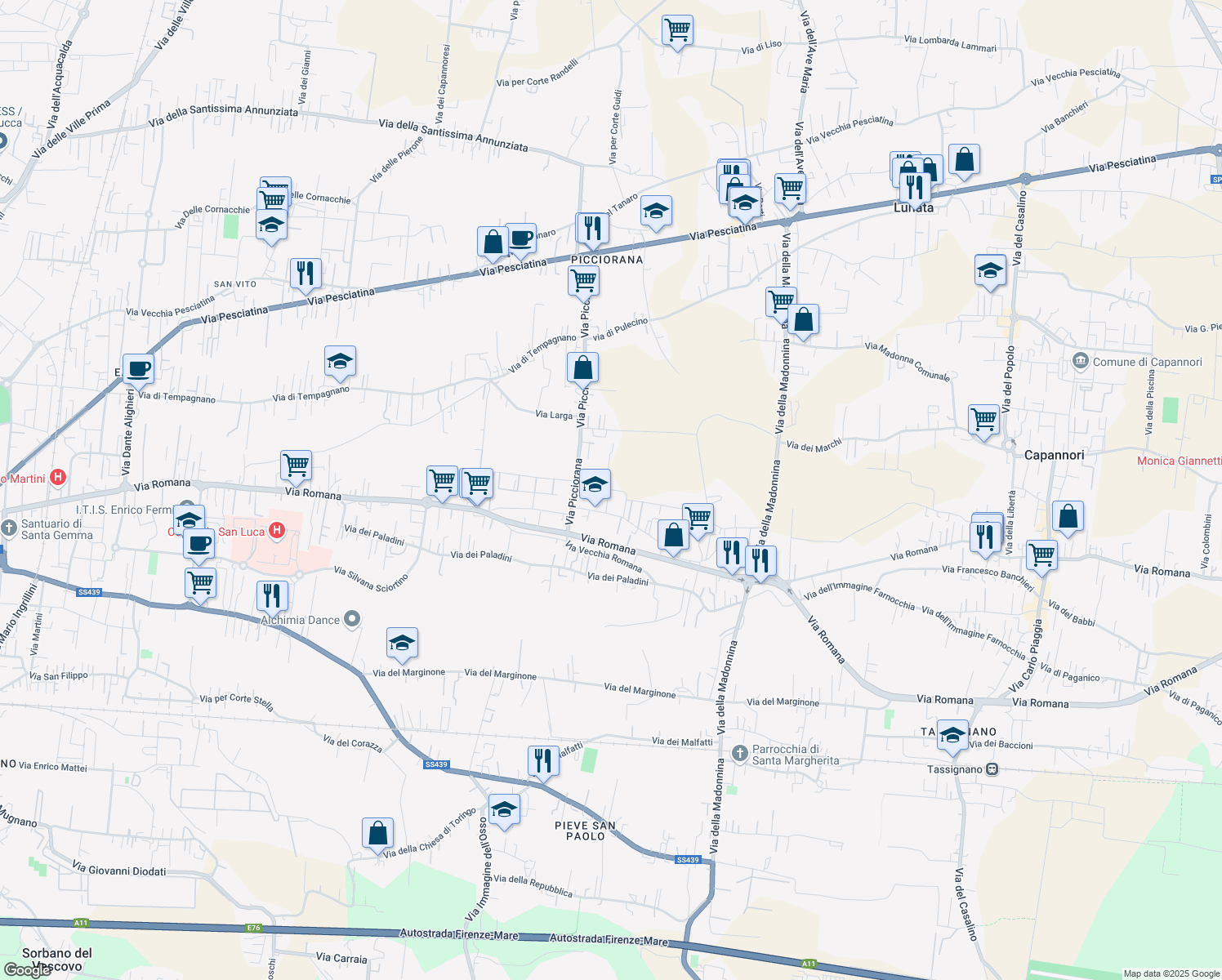 map of restaurants, bars, coffee shops, grocery stores, and more near 171a Via Fonda in Lucca