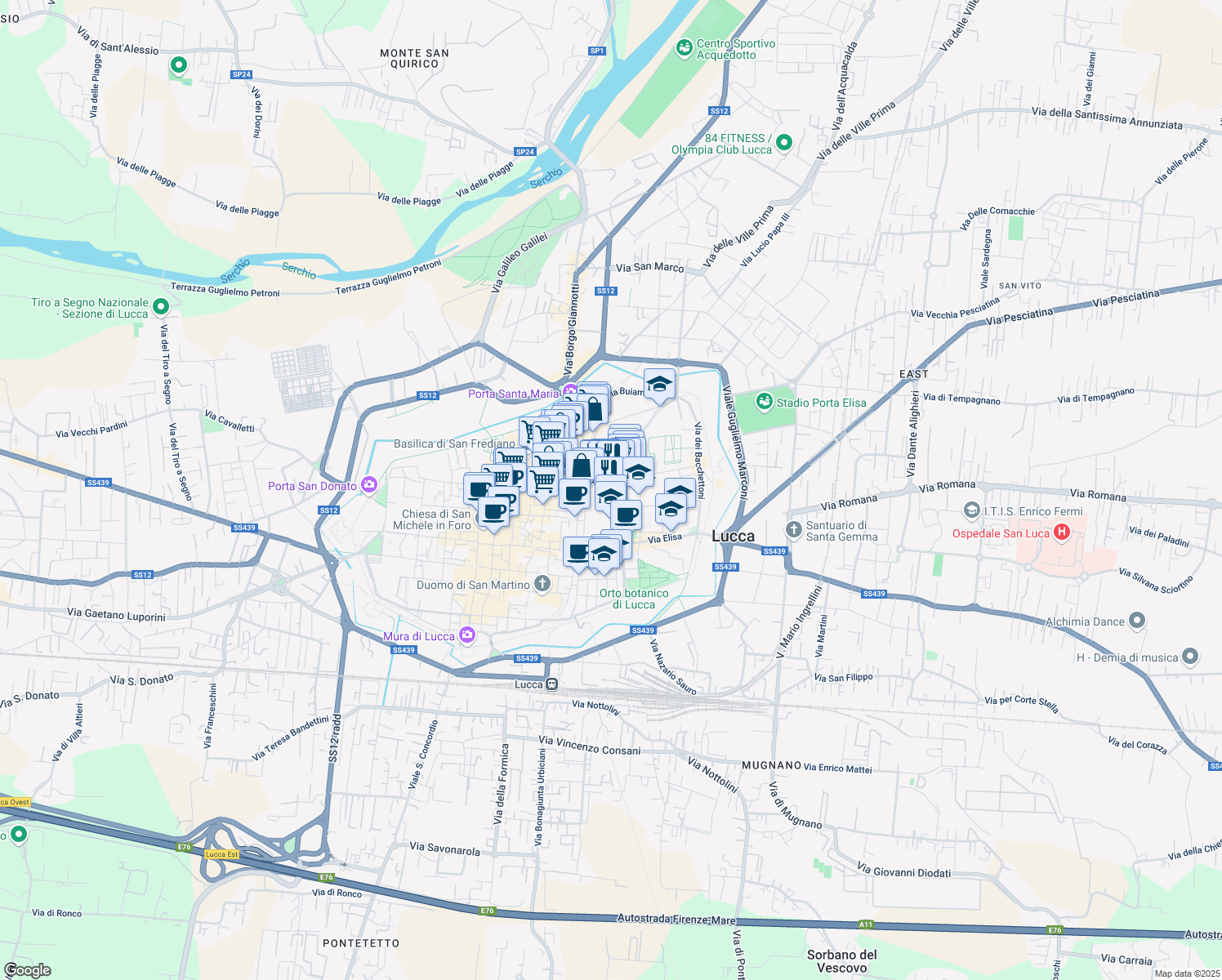 map of restaurants, bars, coffee shops, grocery stores, and more near 26 Via della Fratta in Lucca