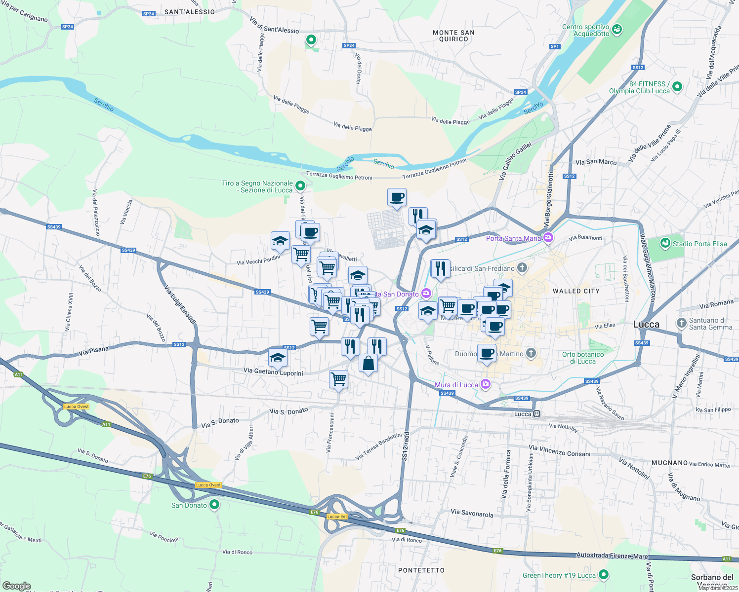 map of restaurants, bars, coffee shops, grocery stores, and more near 28 Via delle Rose in Lucca