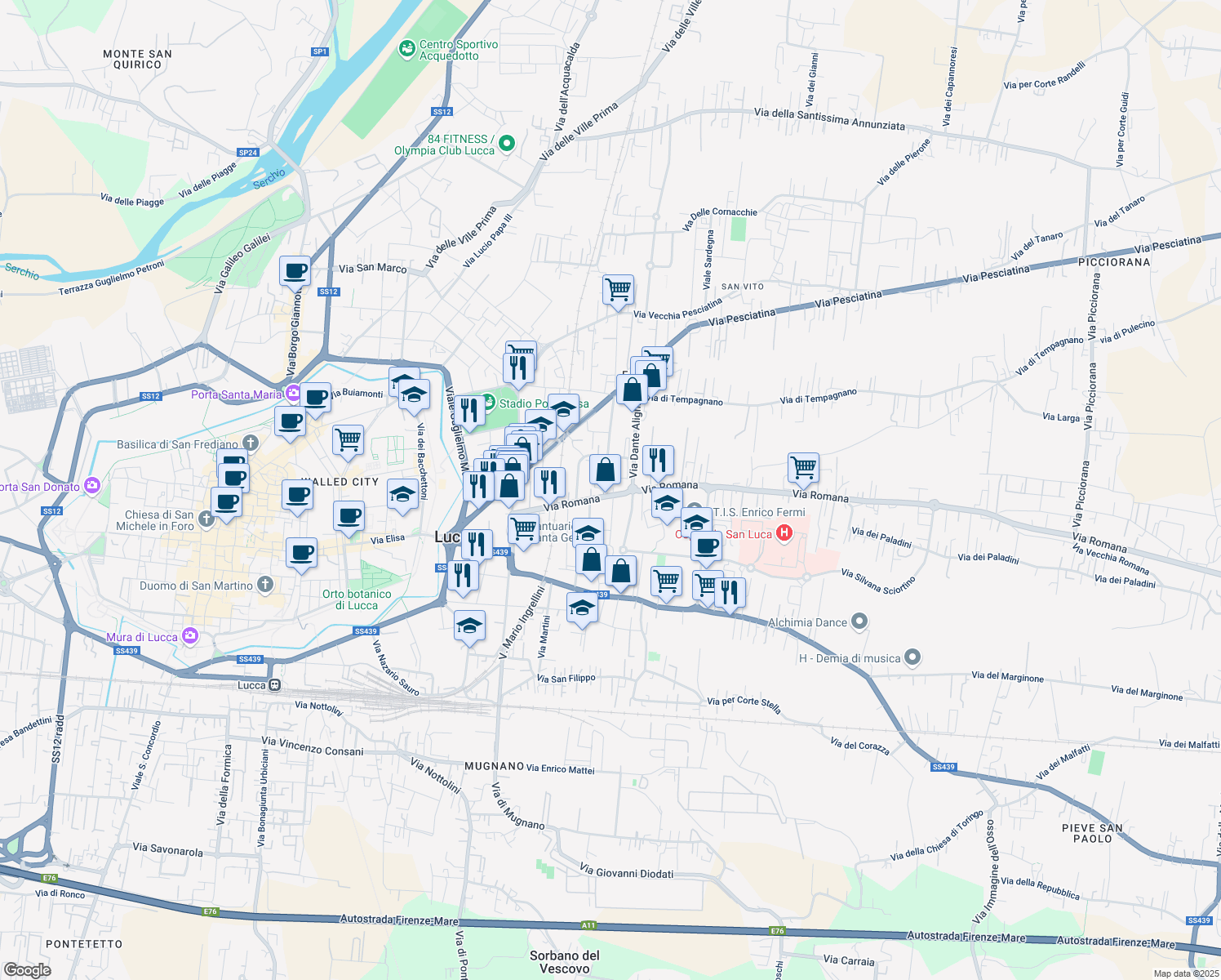 map of restaurants, bars, coffee shops, grocery stores, and more near 489 Via Romana in Lucca