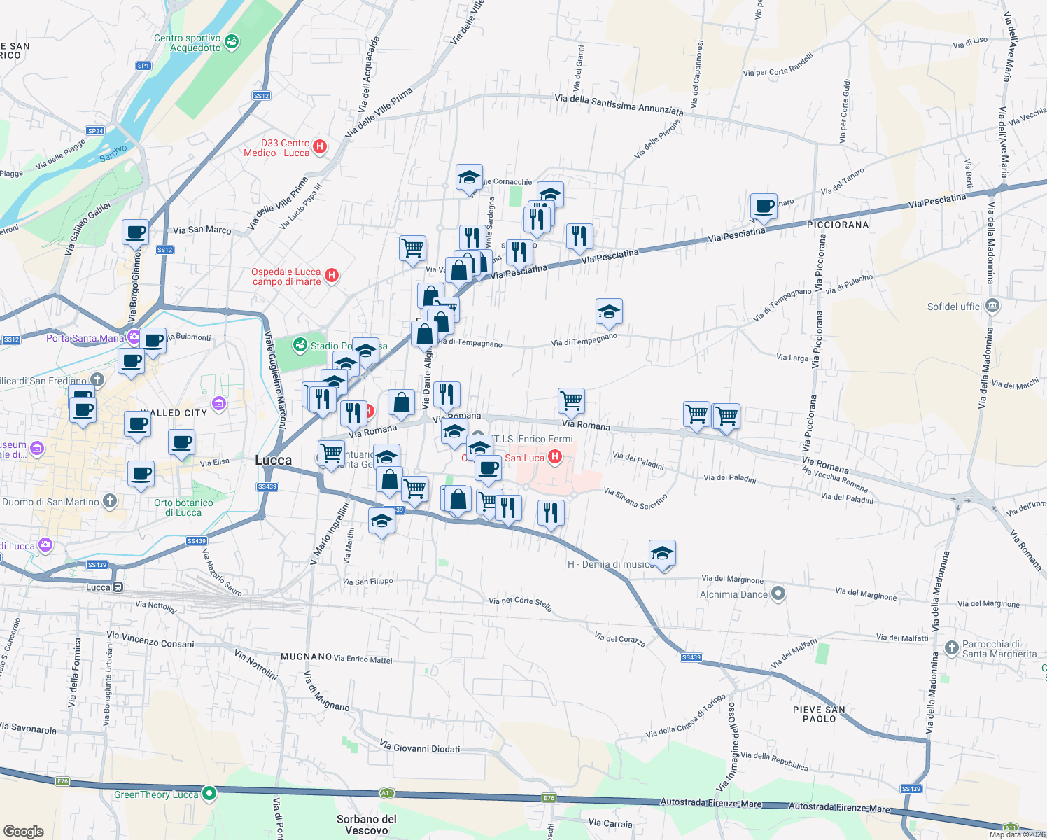 map of restaurants, bars, coffee shops, grocery stores, and more near 1001 Via Romana in Lucca