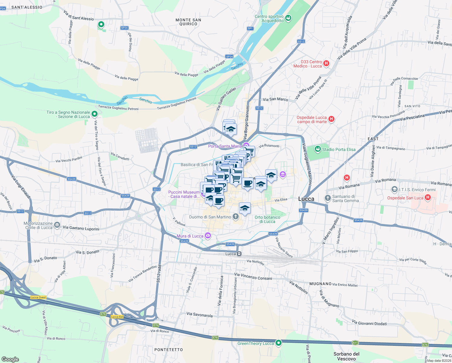 map of restaurants, bars, coffee shops, grocery stores, and more near 2 Corte Compagni in Lucca