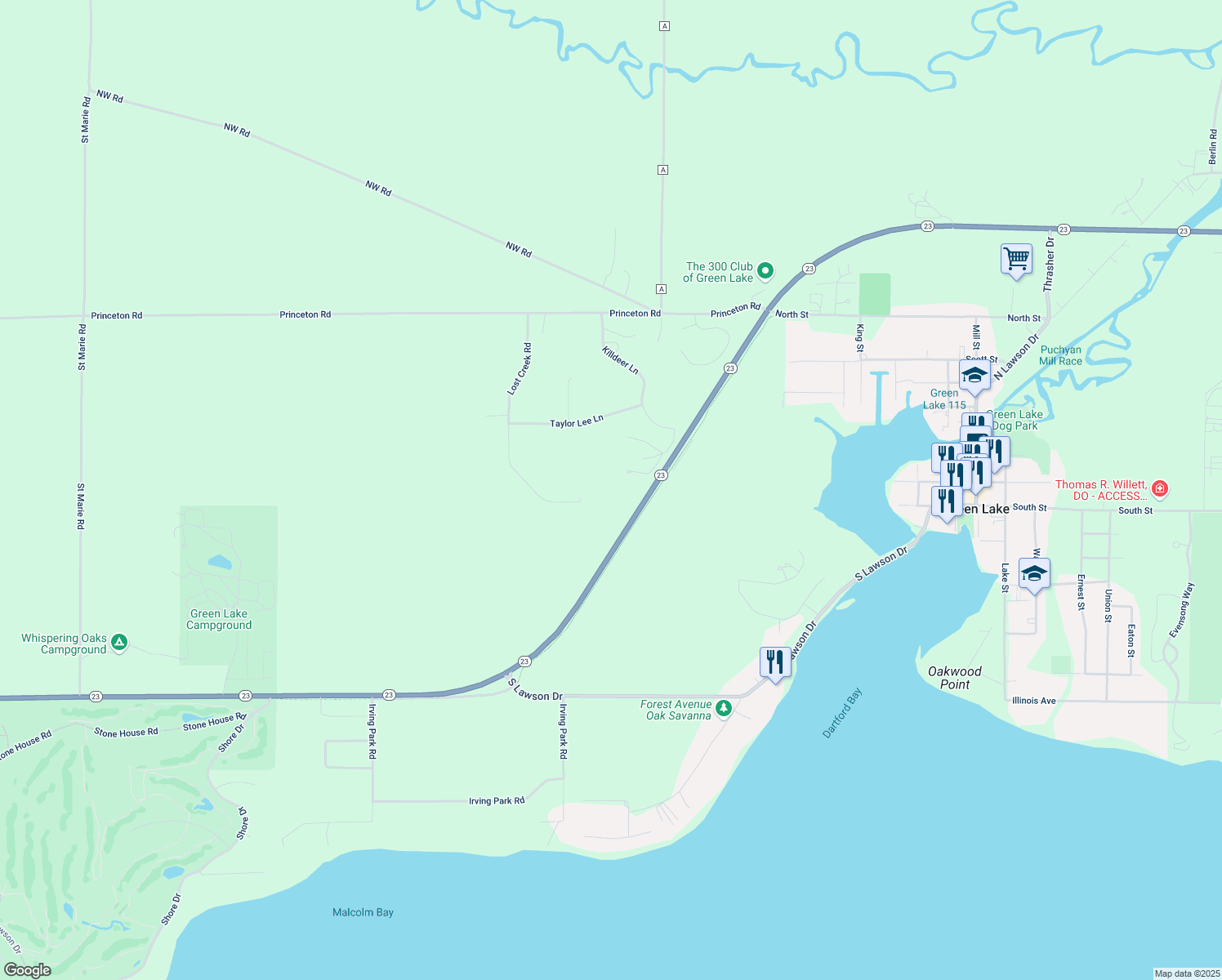 map of restaurants, bars, coffee shops, grocery stores, and more near 5908 Lost Creek Rd in Green Lake