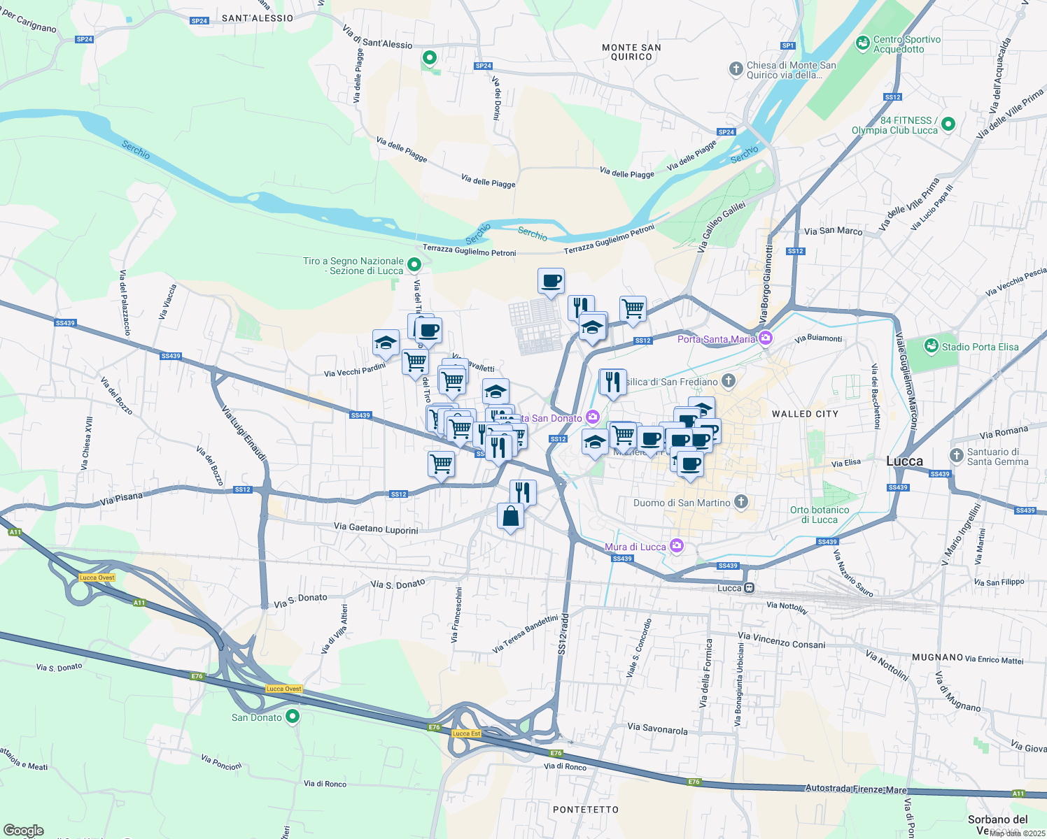 map of restaurants, bars, coffee shops, grocery stores, and more near 206 Via C. Angeloni in Lucca