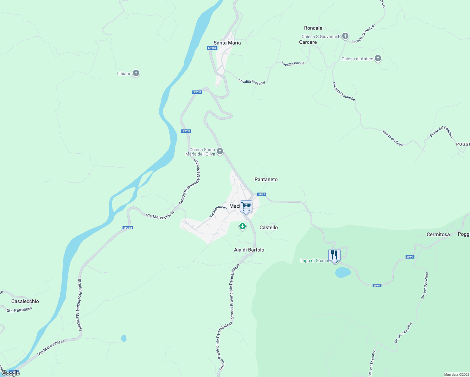 map of restaurants, bars, coffee shops, grocery stores, and more near 23 Via Aia Marcucci in Provincia di Rimini